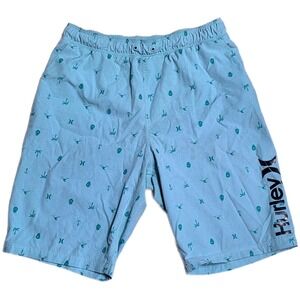 Hurley Swim Trunks Shorts Boy's Size L 12-13 Years Green Skull Palm Anchor Print